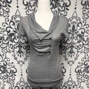 00s IZ Byer Womens Gray Shawl Collar Asymmetrical Button Short Sleeve Top Medium